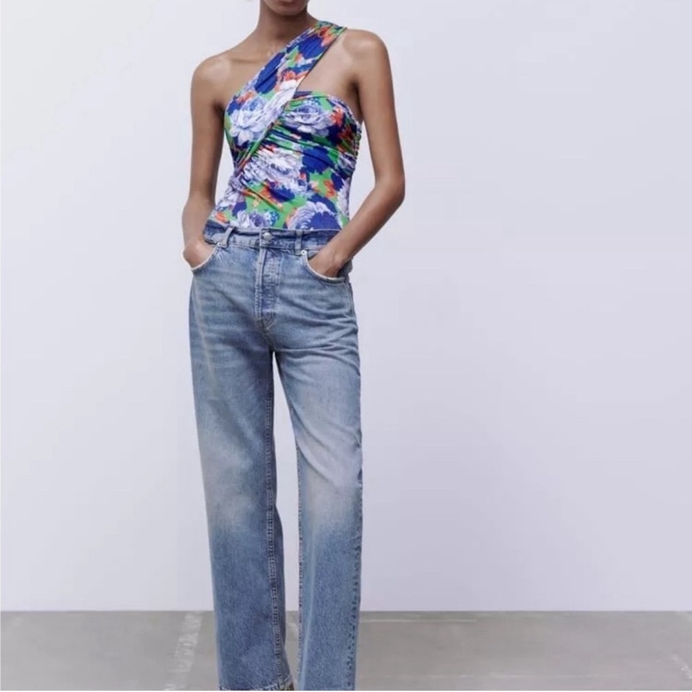 💕 ZARA floral one shoulder ruched bodysuit NEW size M blue green red roses